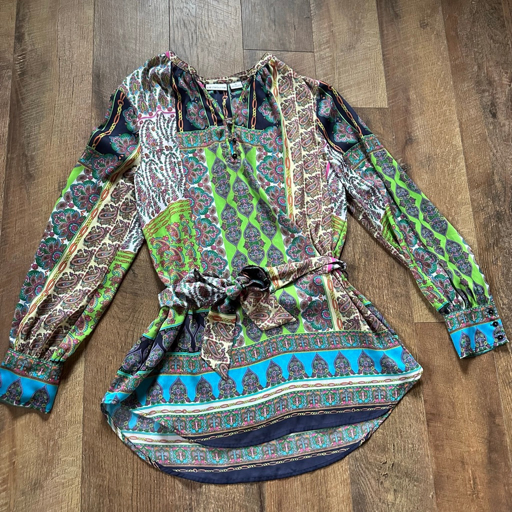 Women's Liz Claiborne Blouse XL Green Blue Paisley Long Sleeve